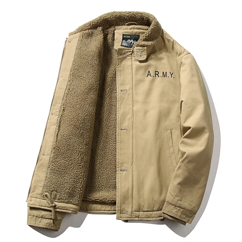 thumbnail image 1 of Chaqueta de invierno para hombre, con cuello de piel gruesa, estilo militar, de lana, estilo aviador, de algodón, cálida, estilo parka, estilo militar, de piel de cordero, 1 of 5