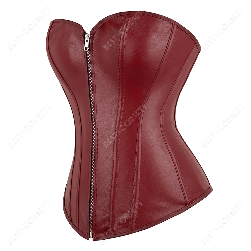 Women\'s Leather Corset Top Brown Steampunk Corsets for Women Zipper Overbust Corset Plus Size Corselet Black Red