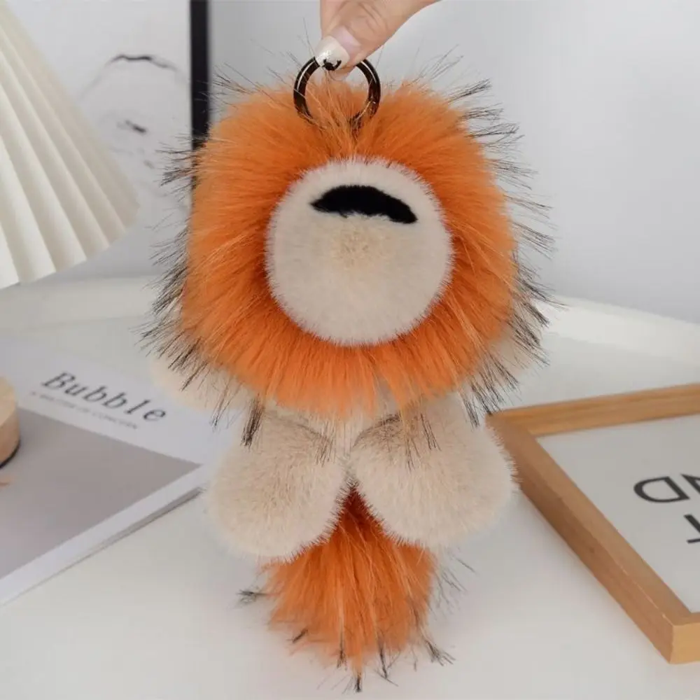 Long Mane Lion Plush Pendant with Tail Stuffed Plush Lion Keychain Bag Decor Simulation Rabbit Fur Cute Animal Keychain