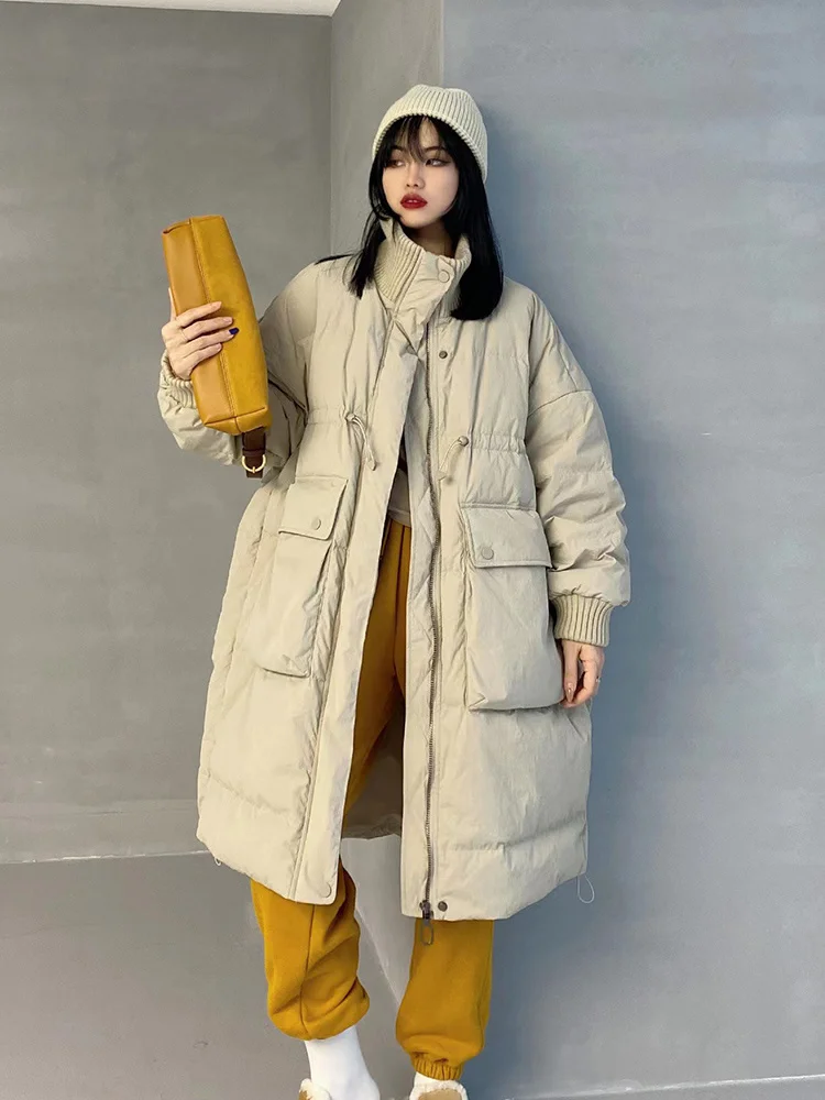 

Повседневная зимняя длинная пуховая куртка, новинка 2023, женская верхняя одежда из 90%-го белого утиного пуха, женские свободные теплые парки с воротником-стойкой