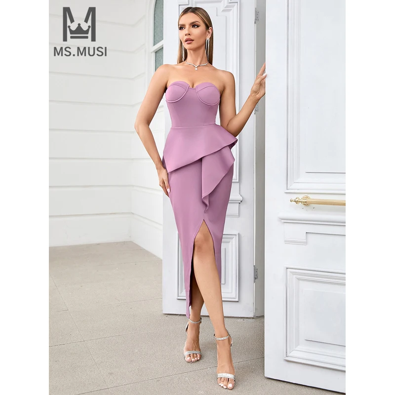 

MSMUSI 2024 New Fashion Women Sexy Strapless Corset Draped Fold Sleeveless Backless Bodycon Party Club Event Slit Midi Dress