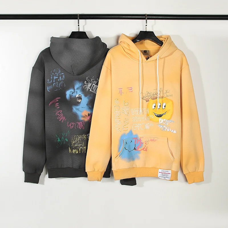 

Smiling Face Vintage Hoodie Men Women Mud Printed Hooded Sweatshirts Graffiti Pullover