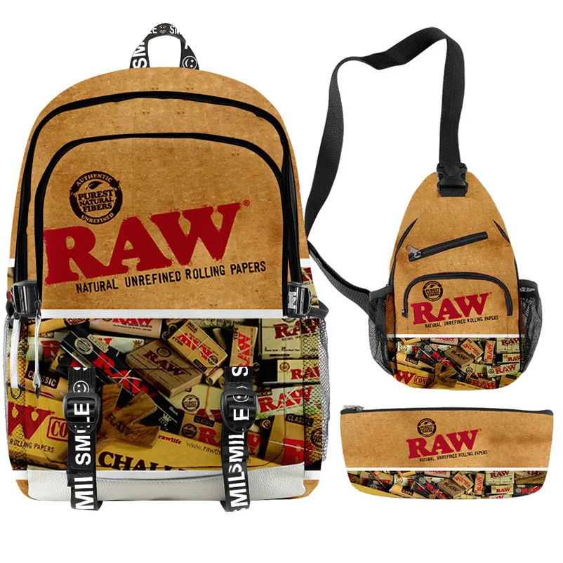 

Creative Fashion RAW Cigarette Tobacco 3D Print 3pcs/Set Student School Bags multifunction Travel Backpack Chest Bag Pencil Case