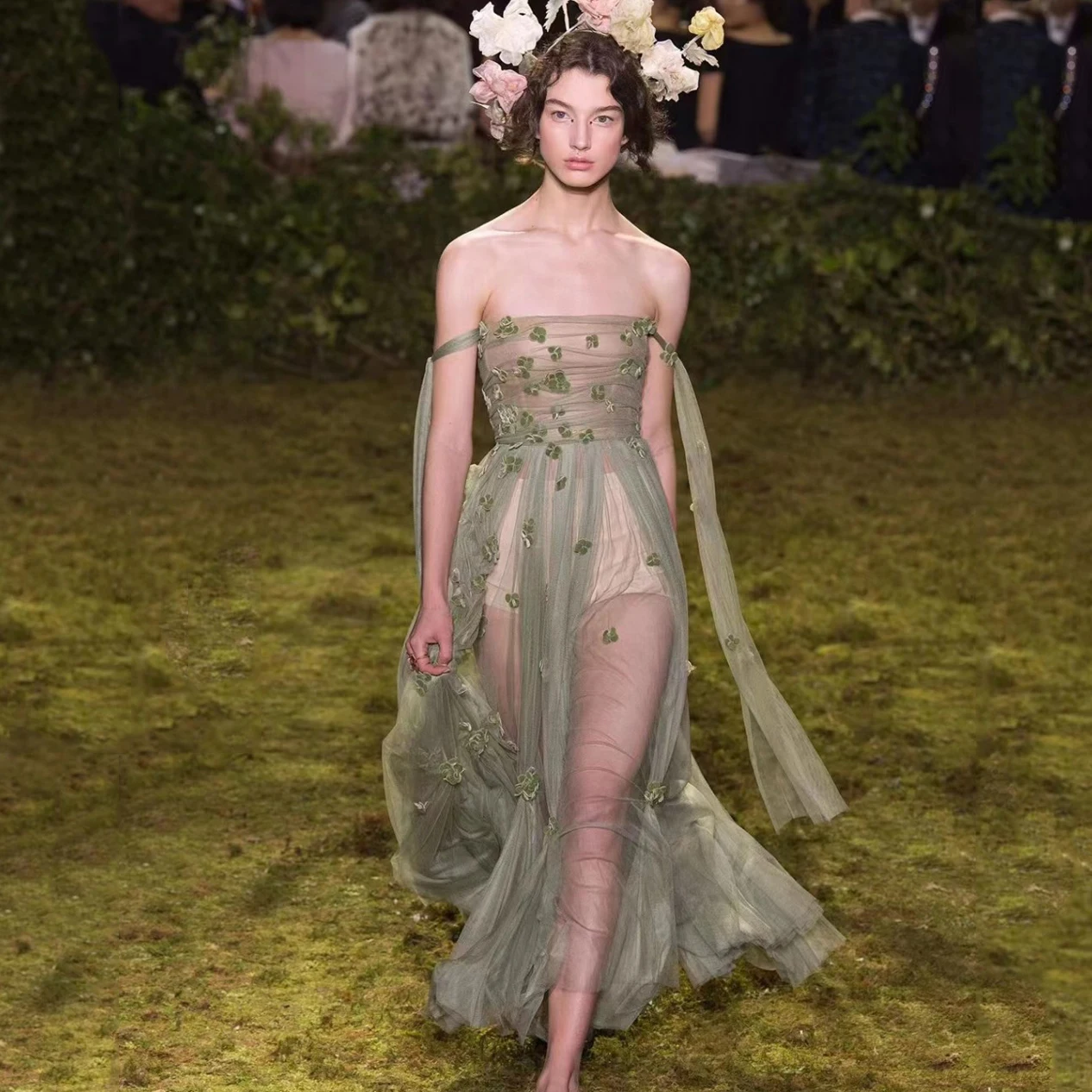 

Off Shoulder Tulle Dress See Through Floral Dress Matcha Green Party Dresses Women Evening Elegant Dresses For Women Plus Size