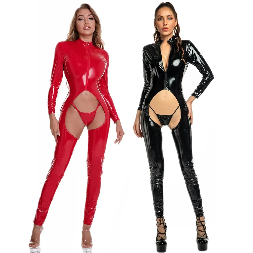 

Erotic Crotchless Wetlook Leather Jumpsuit Long Sleeve Open Crotch Bodysuit Zipper PVC Latex Catsuit Fetish Wear Sexy Costumes