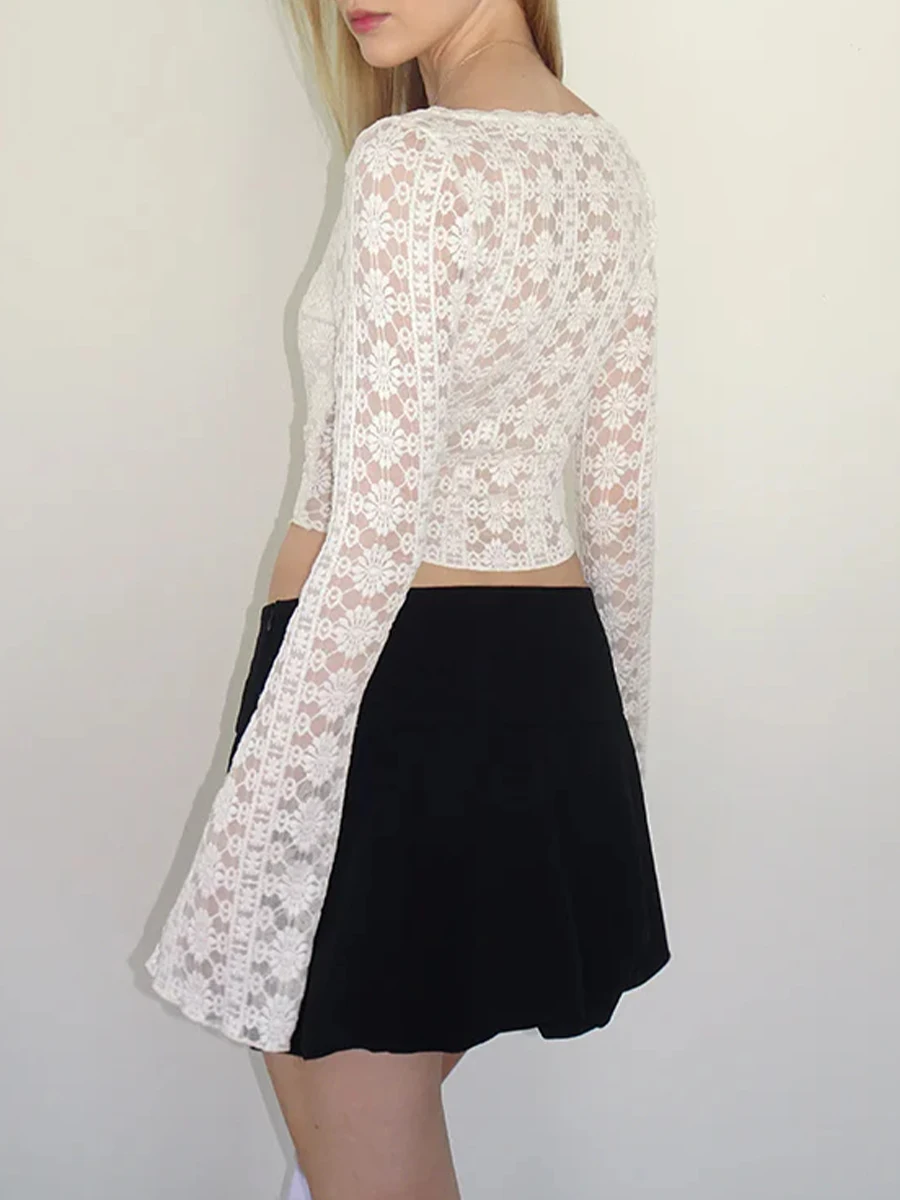 

Женский кружевной топ Yoawdats Y2K, блузка с длинным рукавом и круглым вырезом и изогнутым подолом, облегающие футболки, уличная одежда, одежда в эстетике