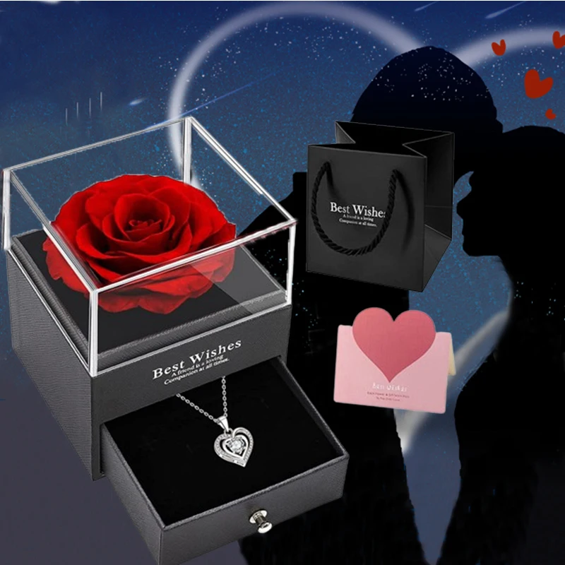 

New Rotation Rose Jewelry Gift Box Valentine's Day Marriage Acrylic Ring Boxes Necklace Storage Rose Jewelry Display Rack