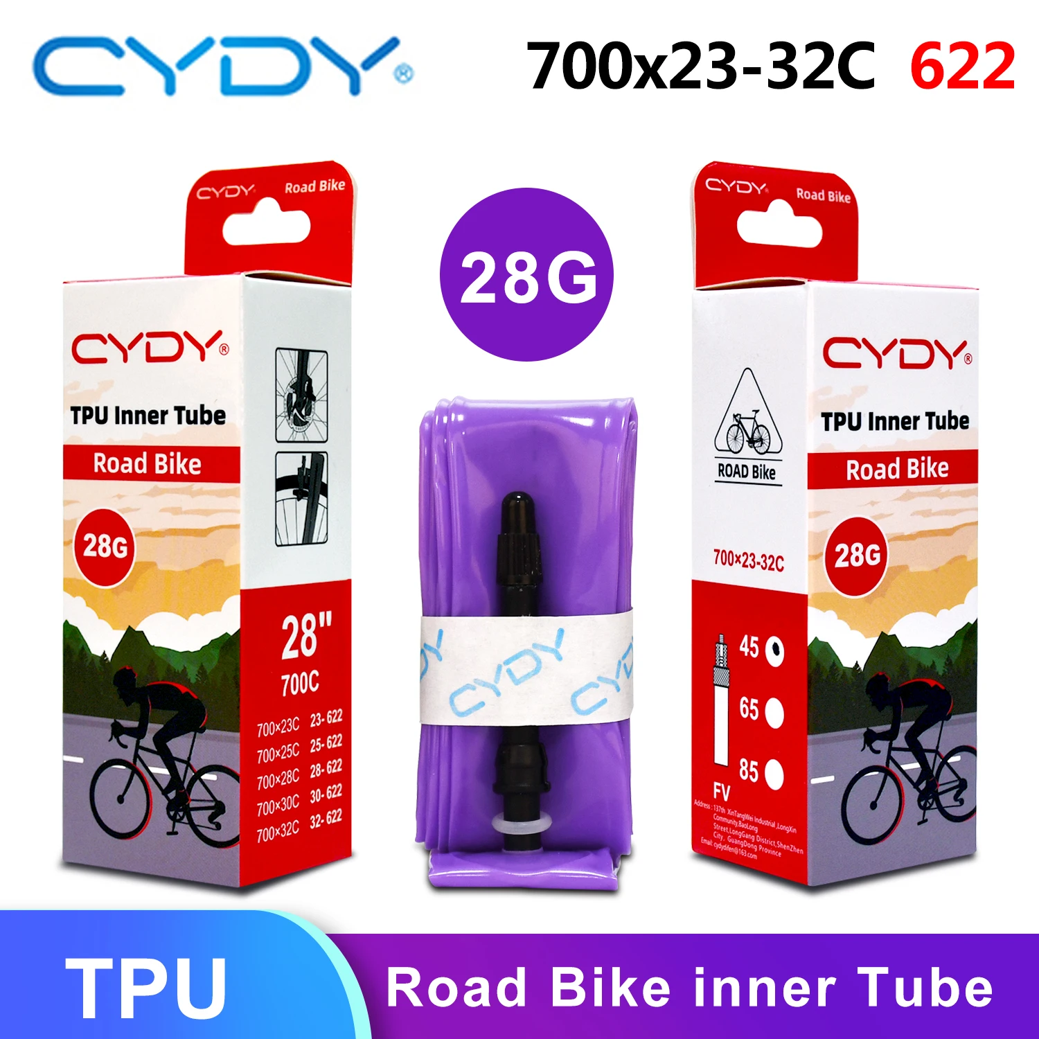 CYDY 700C BIke Inner TPU Tube 700Ã—23C 25C 28C 30C 32C Tire 45/65/85mm sv Road bicycle French Valve 28â€˜â€™ultralight inner penu 28g