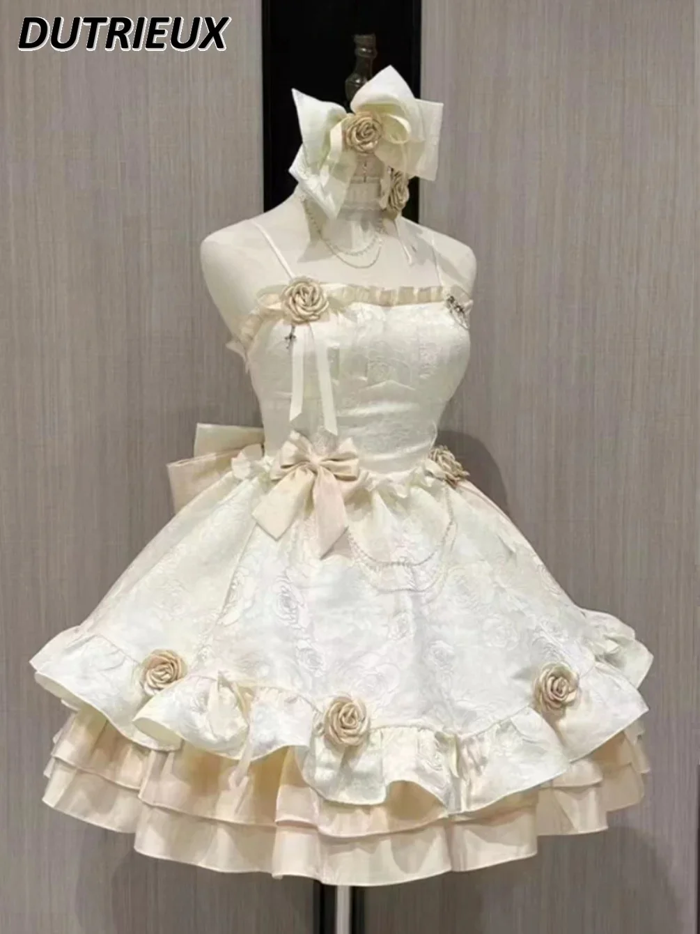 

Lolita Slimming Strap Dresses Palace Style Vintage Jacquard Pettiskirt Sweet Girl Bow Rose Flower Princess Birthday Dress