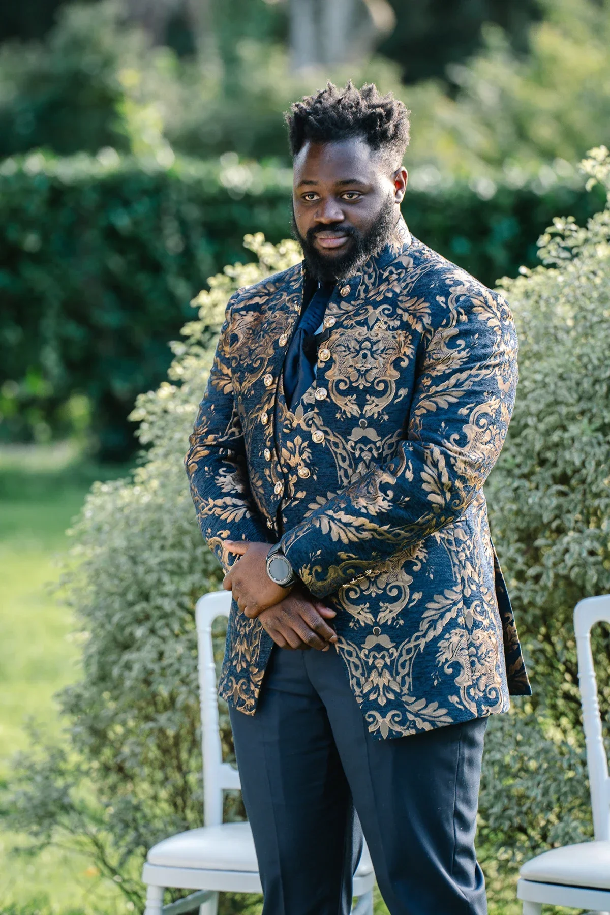 Floral Men Suits for Wedding with Stand Collar Formal Groom Tuxedo 3 Pieces Made Formal Fashion Jacket with Pants Vest