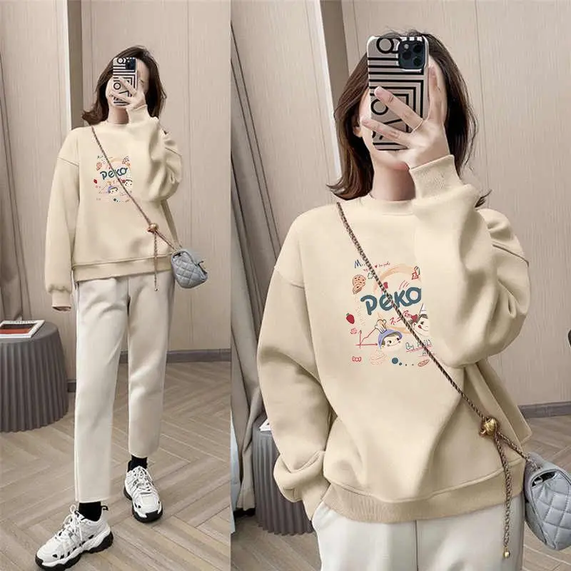 Fashion Solid Color Printing Cartoon Casual Sweatshirts Female Clothing 2023 Autumn Oversized Korean Tops All-match Sweatshirts