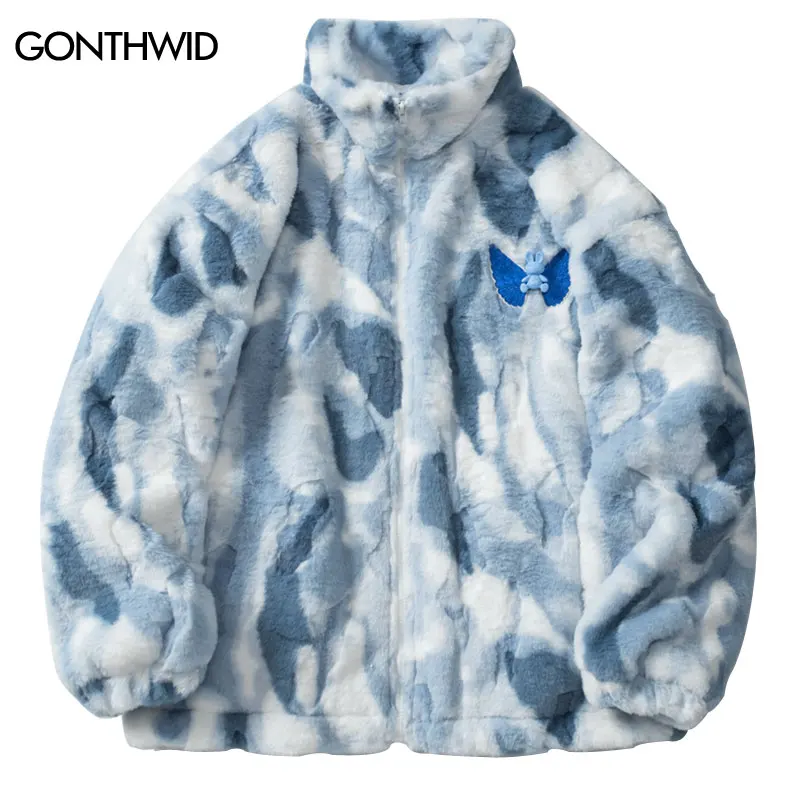 

Hip Hop Faux Fur Thick Warm Parkas Jacket Streetwear Winter Tie Dye Fuzzy Fluffy Fleece Plush Zipper Coat Harajuku Loose Jackets