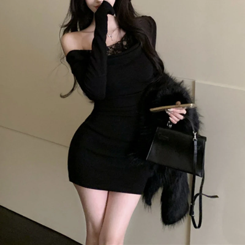 y2k Dress Women Sexy Clothes Lace Patchwork Slash Neck Off Shoulder Long Sleeve Bodycon Dresses Evening Party Dresses