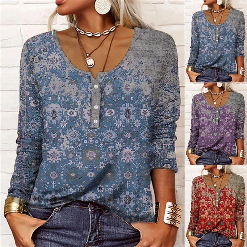 

Autumn And Winter Fashion Women'S Loose Long Sleeve Printed U-Neck Button T-Shirt Female & Lady Casual Work Tops Shirts
