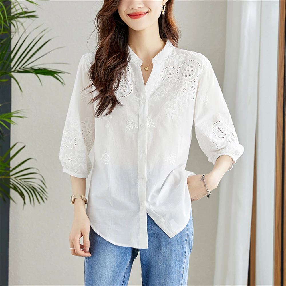 White Embroidered Hollow Out Shirt Women Summer Breathable Button Up V-neck Cotton Blouse Femme Loose Casual Short Sleeve Tops
