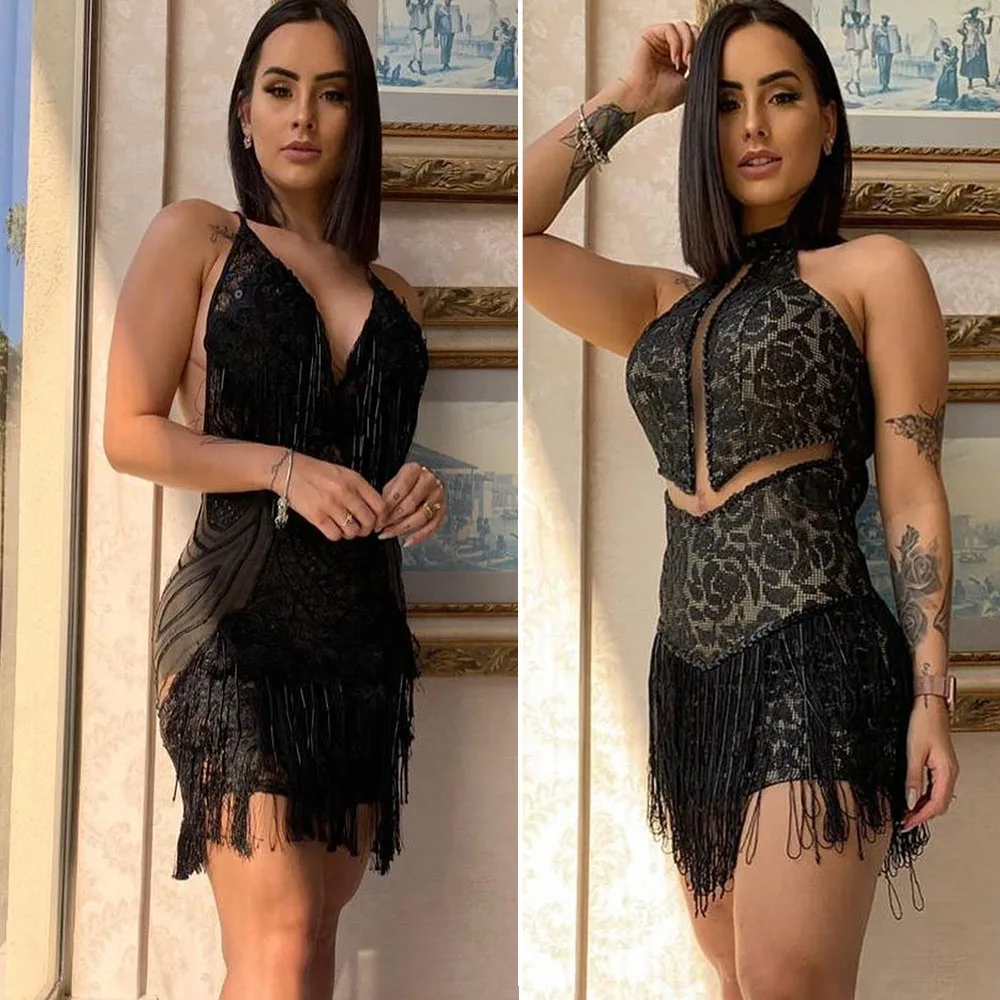 

Sexy Tassels Mini Skirt Women Dress V Neck Backless Dresses For Ladies Evening Party Dress Holiday Dress 2024 New Female Clothes