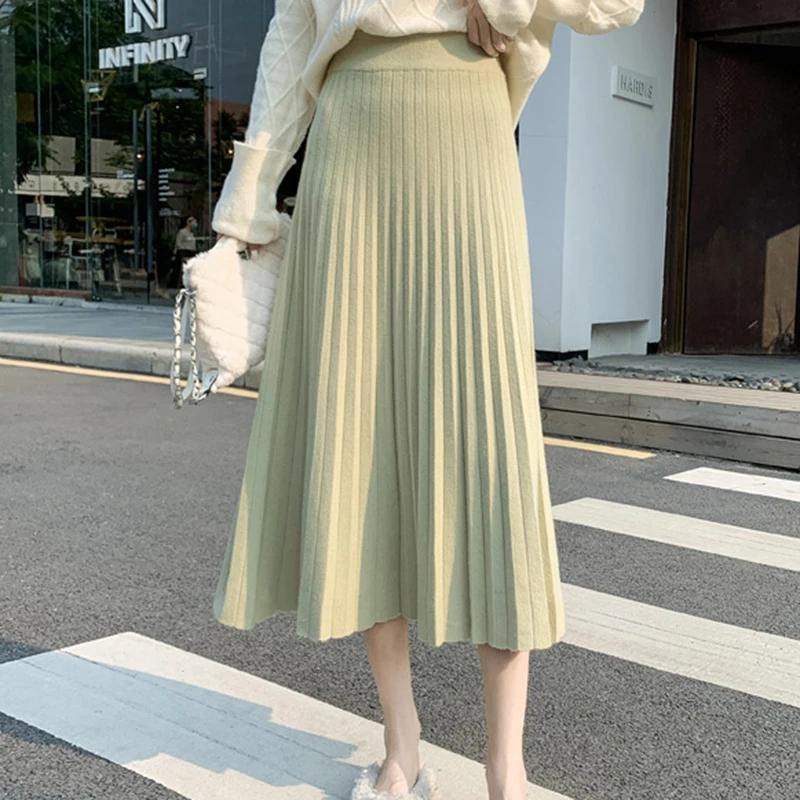 

Rimocy 2022 New Women's Knitted A-line Skirt Autumn Winter Solid Color Pleated Long Skirts Woman Elegant High Waist Skirt Female
