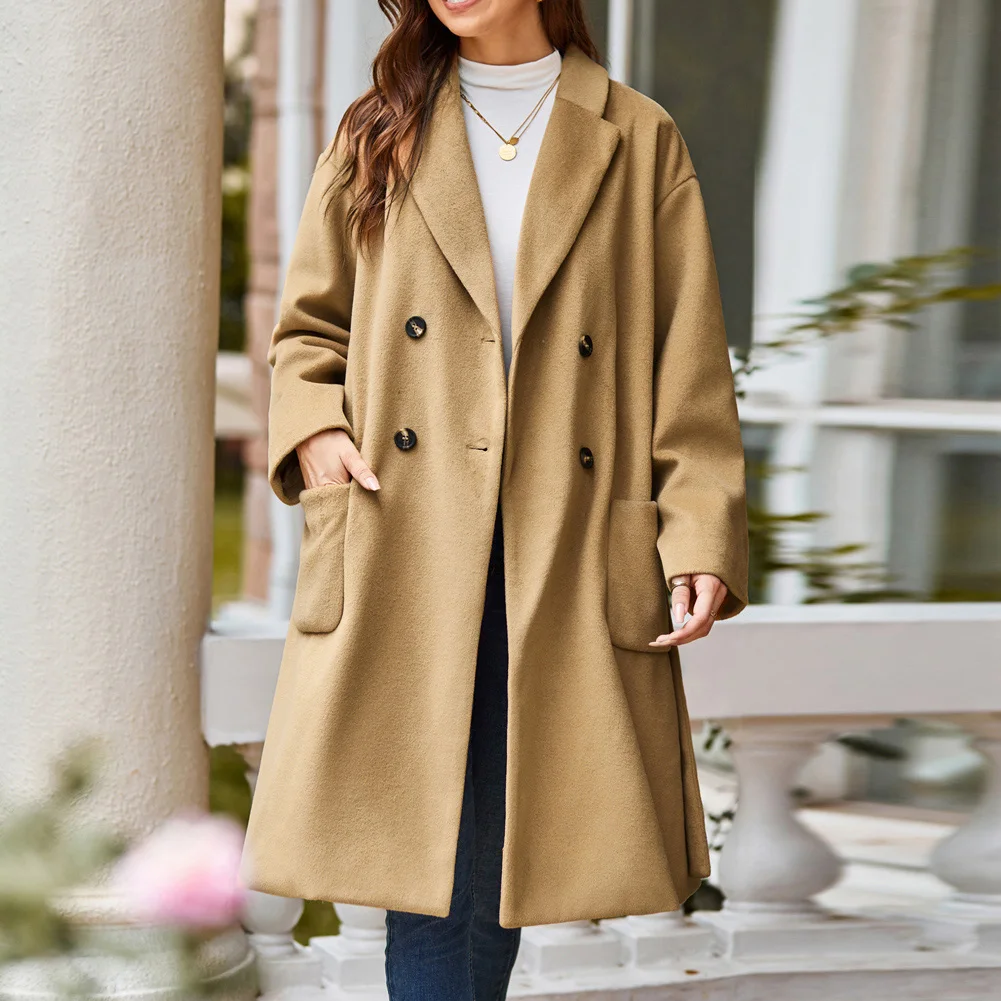GK Women Double Breasted Overcoat Dropped Shoulder Lapel Collar Peacoat Autumn Winter Vintage Retro Office Lady Fashion Jackets