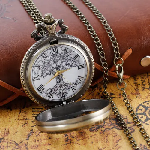 Steampunk Retro Bronze Hollow Tree of Life Quartz Pocket Watch With Fob Chain Women Watch Pendant Necklace Chain Men Gift CF1088 - Image 3