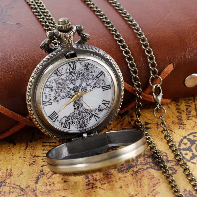 Steampunk Retro Bronze Hollow Tree of Life Quartz Pocket Watch With Fob Chain Women Watch Pendant Necklace Chain Men Gift CF1088 - Image 3