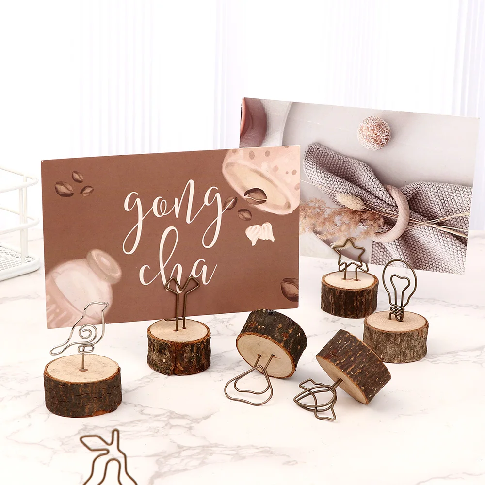 Photo Card Holder Creative Round Iron Wood Clamp Photo Clip Table Number Stand Note Name Card Hanging Decoration 1Pc photo album,photo card holder