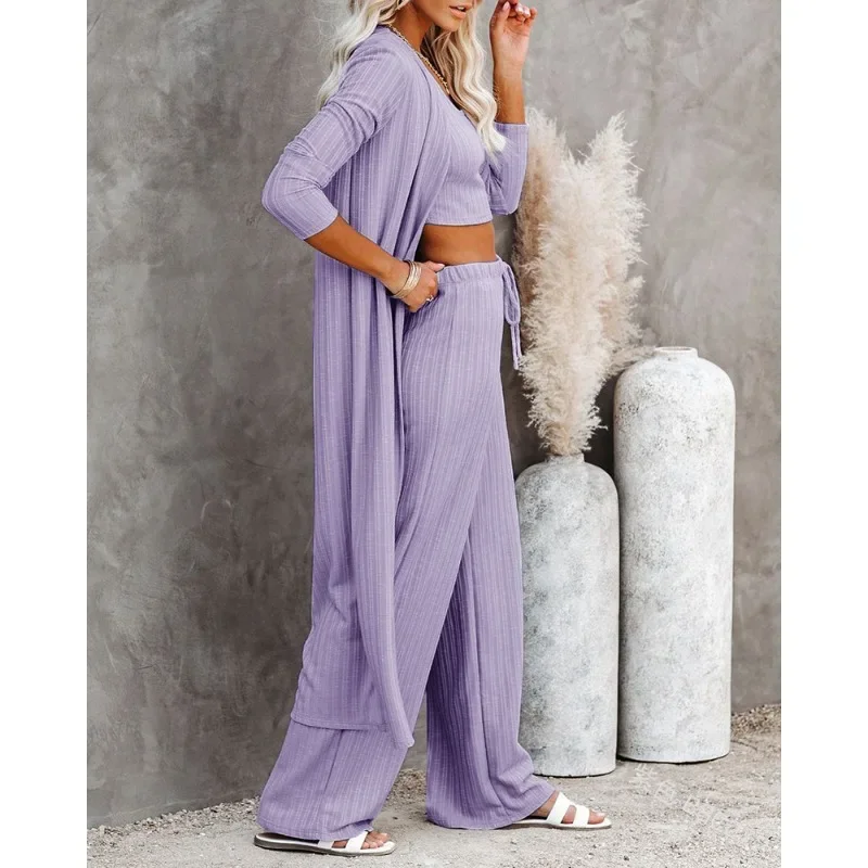 

Повседневный Трикотажный Хлопковый длинный кардиган, брюки, пижамный комплект из 3 предметов, зимний женский короткий жилет, кардиган, брюки, комплект из трех предметов