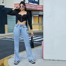

Streetwear Vintage Jeans Women Jeans Spring Summer Single-Breasted Split Jeans Women High Waist Denim Straight Pants Trousers
