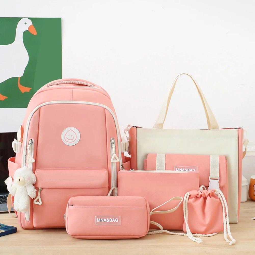 5pcs Backpack Combo Set Large Capacity Shoulder Pack Set Canvas with Pendant Soft for Primary Middle School Students