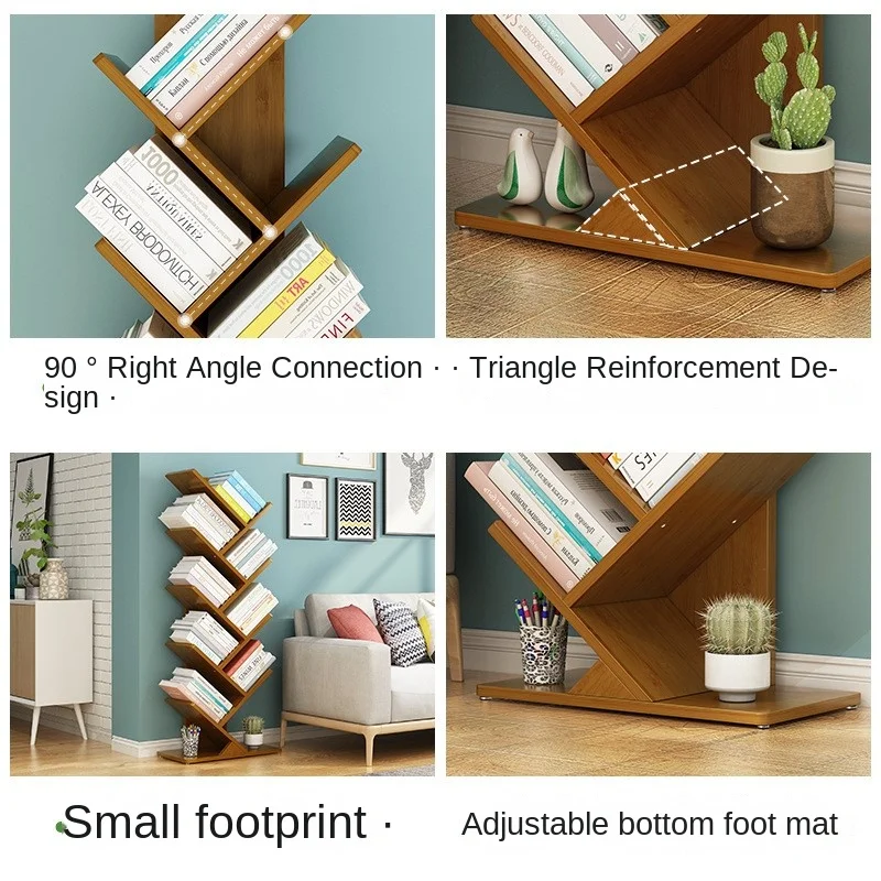 Realife Solid Wood Floor Standing Bookshelf Multi-layer Shelf Space Saving Storage Shelf Living Room Tree Shaped Bookshelf