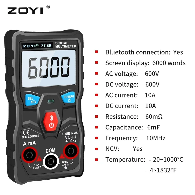 ZT-5B Professional Digital Multimeter 6000 Counts True RMS AC/DC Voltage Current Measurement Bluetooth Mini Analog Tester