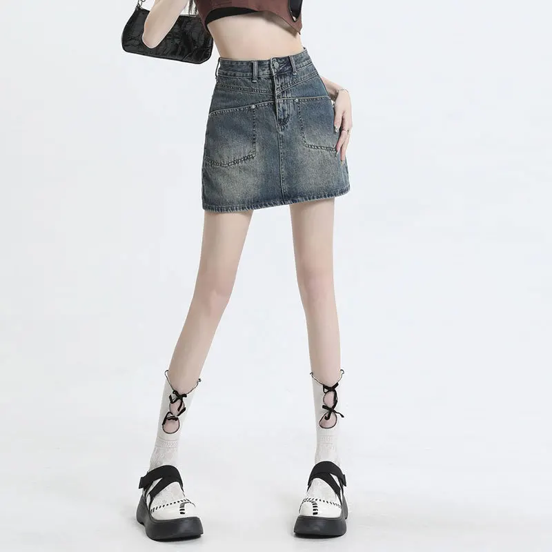 Denim Planet Short Women's Style Spicy Girl Body With Niche Design Split Pockets, Buttocks Wrapped A-Line High Waisted Denim