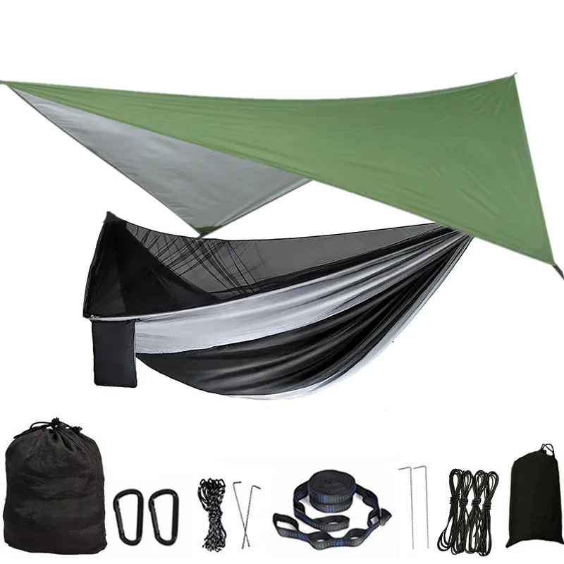 Camping Hammock Mosquito Net and Rain Fly Tarp Portable Tent Parachute Hammock with Tree Strap Indoor Outdoor Backpacking Travel 