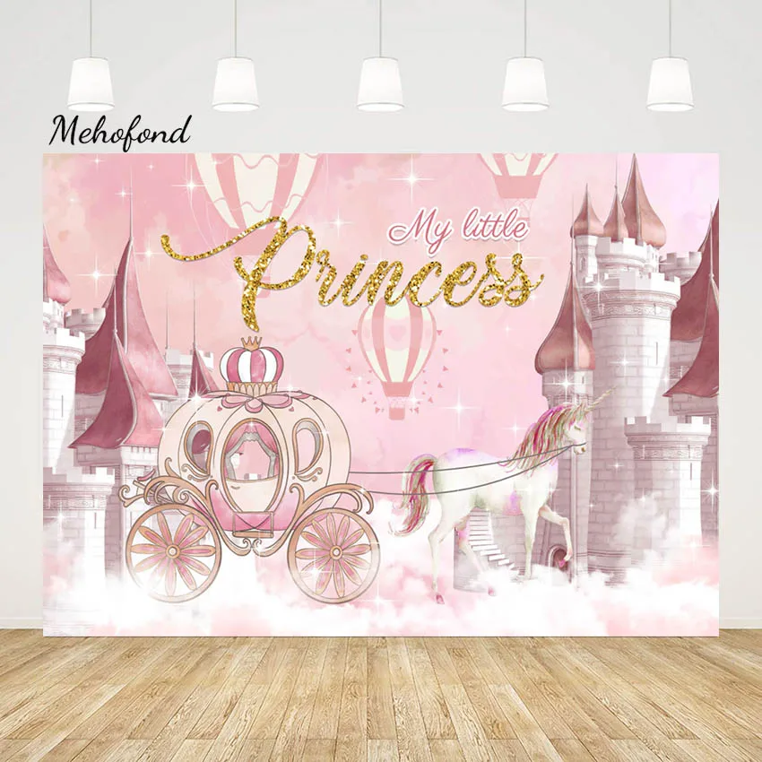 Fundo da Fotografia Decoração do Pano de Fundo Estúdio de Fotografia Balão Quente Carruagem do Castelo Rosa Ouro Princesa Menina Birthday Party