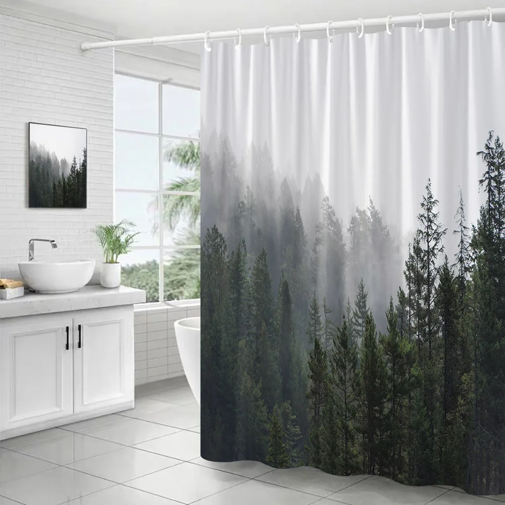 Misty Forest Tende Da Doccia Woodland Nature Green Pine Trees Nature Scenery Tessuto In Poliestere Impermeabile Tende Da Bagno Decor