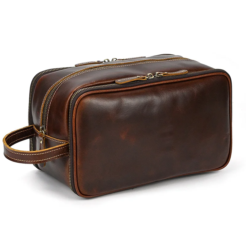 Newsbirds 2023 New Design Leather Cosmetic Bag Men Women Wash Bags Storeage Bags Genuine Leather Handbag For Make Up Dopp Kit