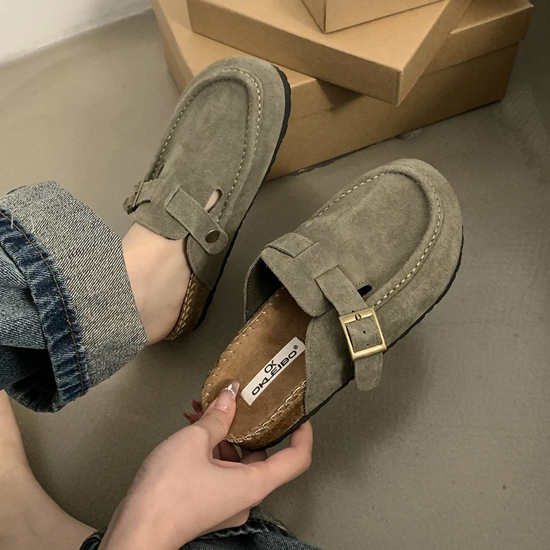 ZOOKERLIN Women's Pumps Lefu New Round Toe Thick Sole Slip On Flats Shoes Brown Genuine Leather Shoes For Women Loafer Sandals