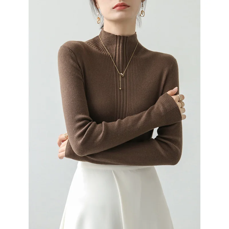 

Half High Necked Knitted Sweater for Women in Autumn and Winter New Solid Color Long Sleeved Pullover Sweater with A Base