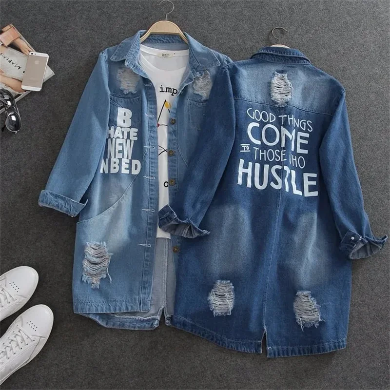 

2024 Holes Raw-edges Denim Jacket Women Spring Autumn Shirt Style Jeancoat Casual Top Outerwear Lady Long Coat 9XL