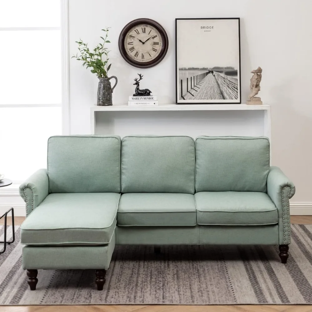 

L-Shaped Sofa, Small Sectional Couches for Living Room with Movable Ottoman, Convertible Modular Sofas , Three Seat, Green Sofa