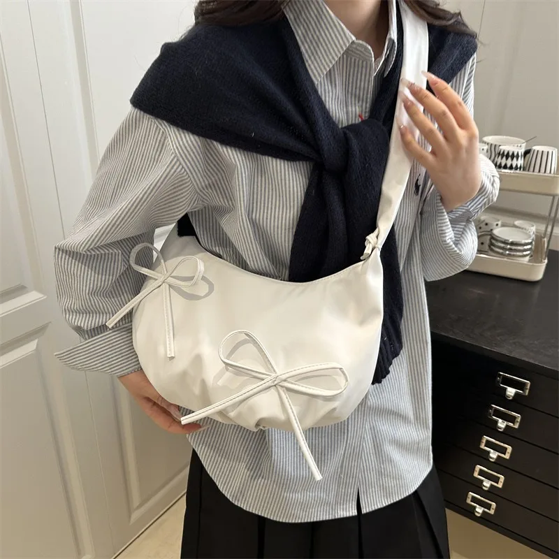 Girls Sweet Pleated Bow Shoulder Hobo Bags Elegant Office Lady Cloud Underarm Bag Women Y2k Aesthetic Handbags