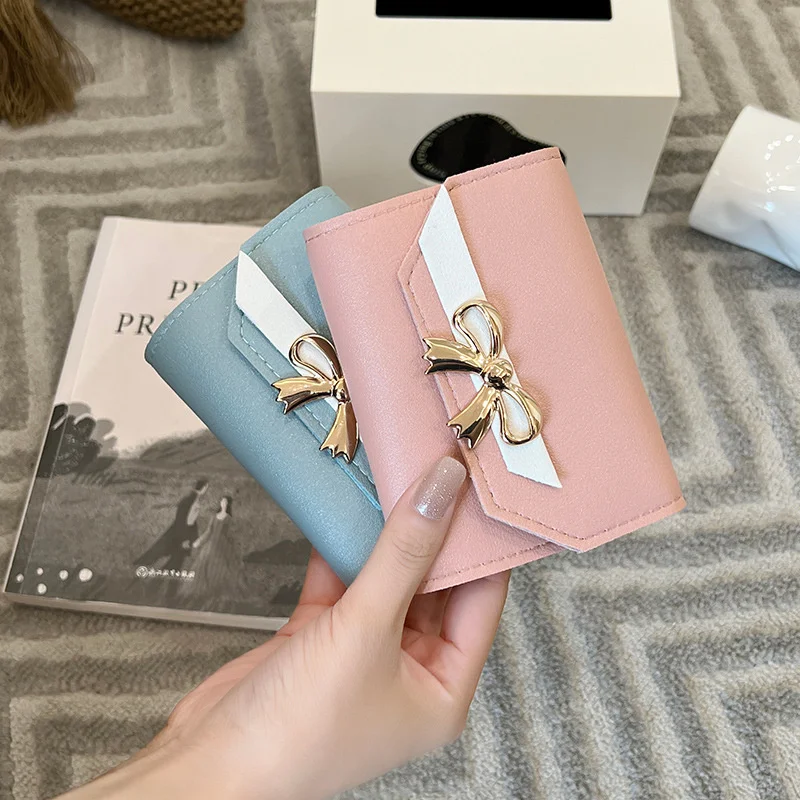 

Women's PU Leather Short Wallet Cute Bow Metal Snap Buckle Handbag Portable Purses Card Holder New Slim Small Female Wallets