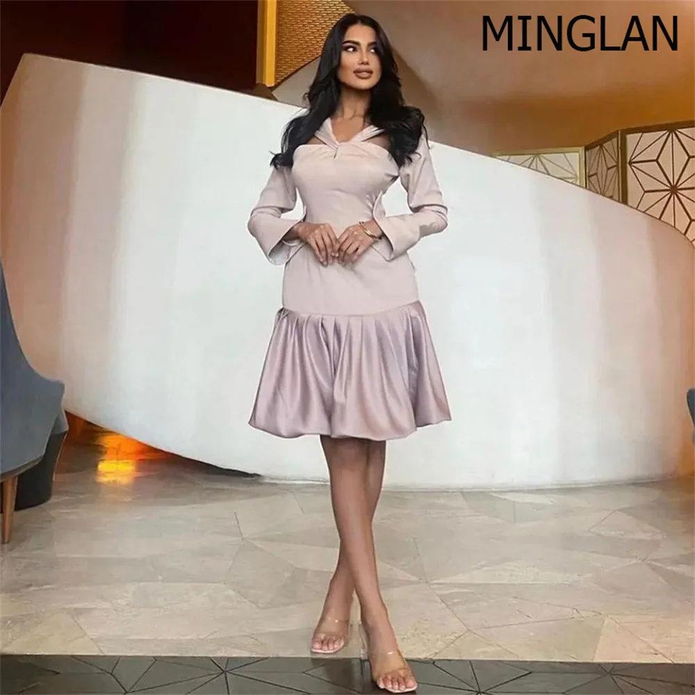 

MINGLAN Elegant Pink Strapless Full Sleeve V Neck Short Evening Dress Knee Length Ruched Fashion Formal Prom Gown New 2023