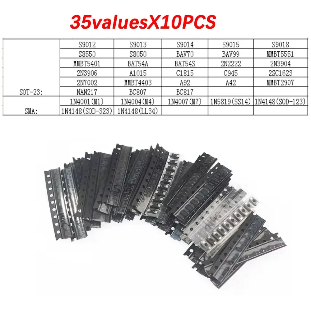 350PCS 35 Values SMD Transistor and Diode Assortment Kit SOT-23 S9012 S9013 S9014 S9015 S9018 S8550 S8050 2N2222 BAV70 BAV99 SMA