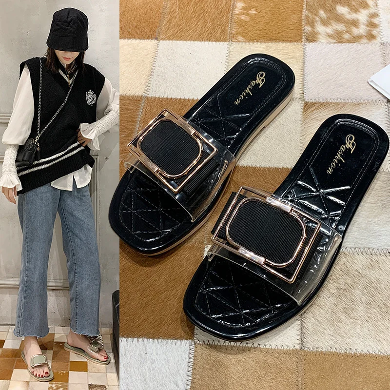 

2022 New Summer Women's Slippers PVC Belt Fashion Simple Square Buckle Sandals Flat Slippers Beach Slides