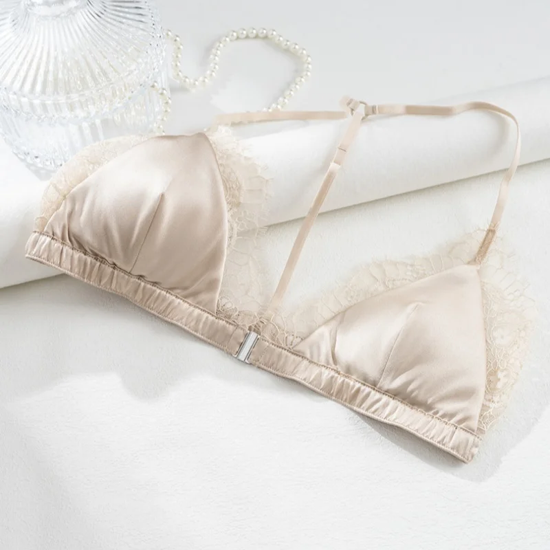 Birdtree 93% Silk 7% Spandex Women Lace Bra,Wireless Pitted Triangle Cup Front Closure Bralette,2026 New Underwear A61403JF