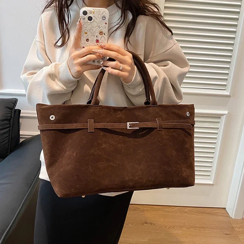 Buckle Decorative Design Solid Faux Suede Handbag Large Capacity Hasp Casual Tote 2026 Hot Sale Bags for Women Bolsas Femininas