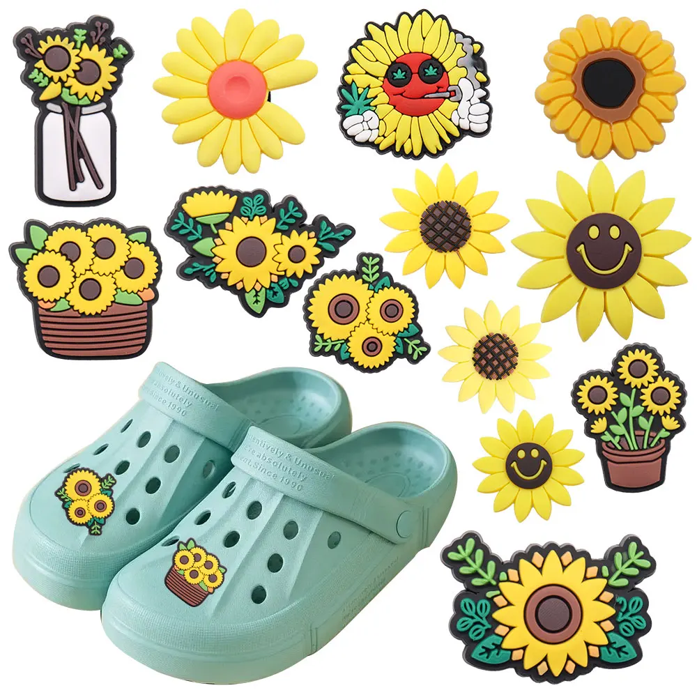 

13pcs PVC Kawaii Croc Jibz Fit Wristbands Flower Sunflower Smile Face Potted Plant Sandals Shoes Decoration Slipper Accessories
