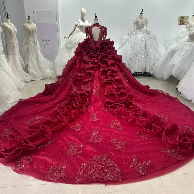 New 2024 Luxury Long Sleeve High Neck Wedding Dress With Train Ball Gown Princess Wedding Dress XS84 2