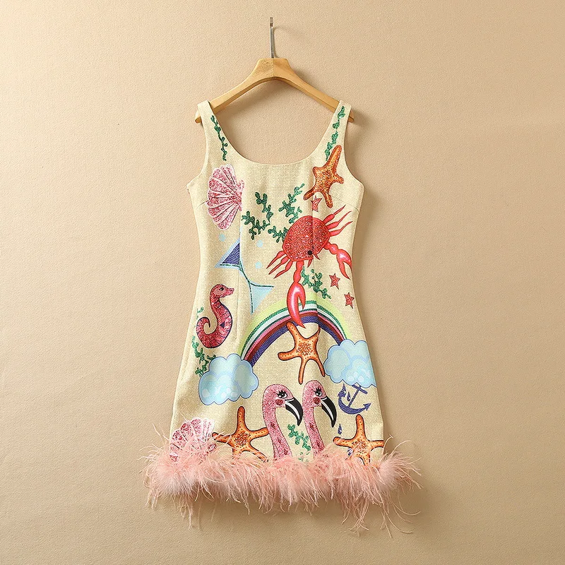 

European and American women's summer 2022 new Sleeveless U collar cartoon print Fashionable feather dress