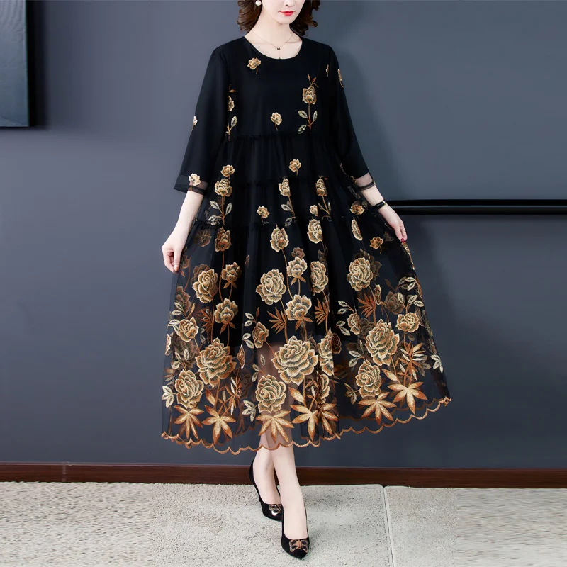Chic Mesh Embroidered Dress 2022 Spring Autumn New Women's High-End A-Line Dress Flower Party Femme Vestidos y1421